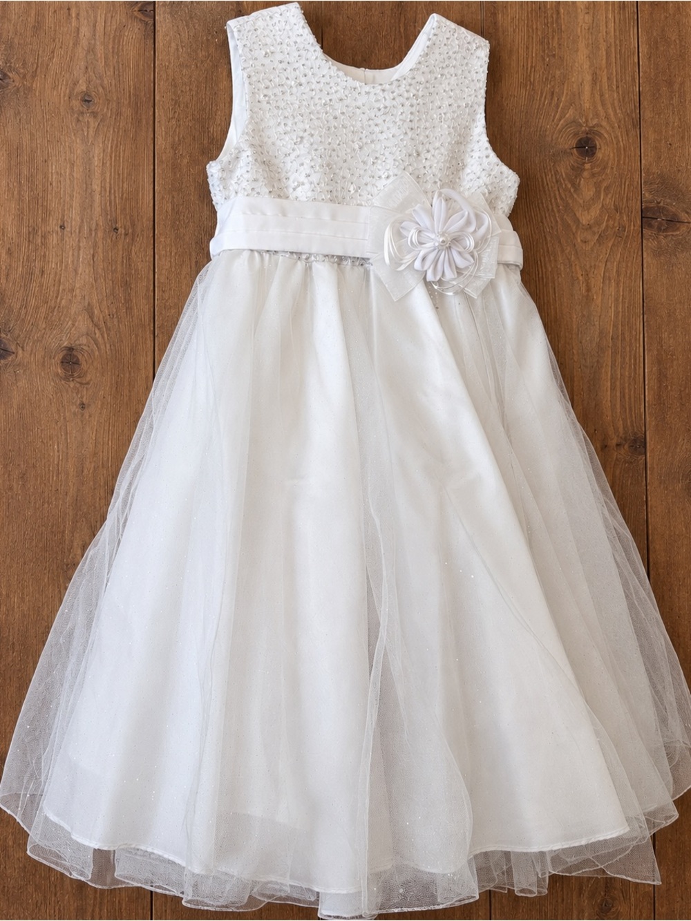 White Girls' Beaded Tulle Flower Waist Formal Dress